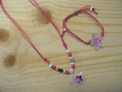 N-8407 - M.O.P. Flower Pendant Necklace & Bracelet Combo (Pink)