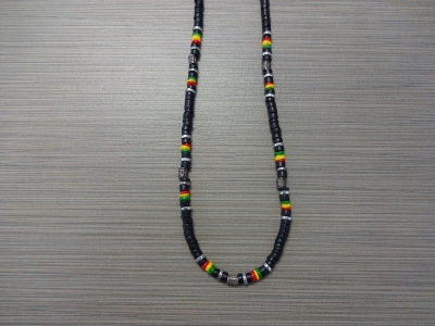 N-8485 - Black Coco Shell Necklace w/ Rasta and Metal Beads