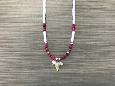 SN-8175  Shark Tooth Necklace - Pink Heishi