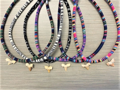 SN-8185  Shark Tooth Necklace on Multicolor Woven Cotton Necklace