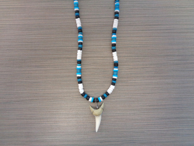 SN-8104F - Blue, Black & White Clam Faux Shark Tooth Necklace