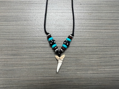 SN-4104 - Genuine Shark Tooth Necklace on Cord w/ Metal, Bone and Wood Beads
