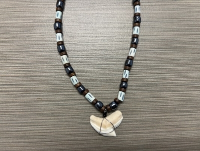SN-4110 - Genuine Shark Tooth Fashion Necklace w/ Metal, Bone and Wood Beads