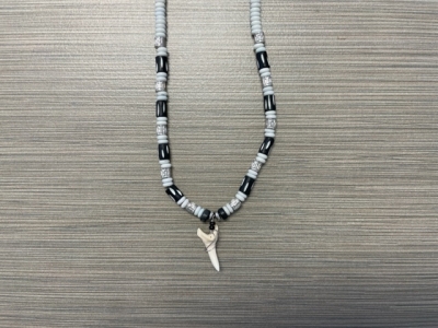 SN-4111 - Genuine Shark Tooth Fashion Necklace w/ Metal, Bone and Wood Beads