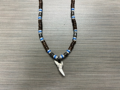 SN-4112 - Genuine Shark Tooth Fashion Necklace w/ Metal, Bone and Wood Beads