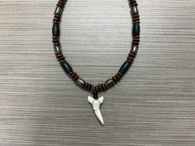SN-4116 - Genuine Shark Tooth Fashion Necklace w/ Metal, Bone and Wood Beads