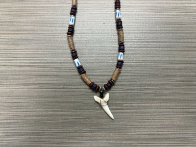SN-4118 - Genuine Shark Tooth Fashion Necklace w/ Metal, Bone and Wood Beads