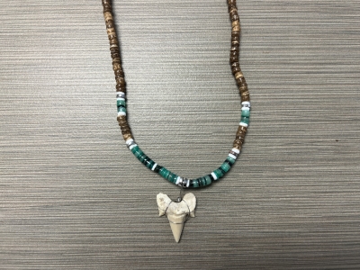 SN-4127 - Genuine Shark Tooth Necklace w/ Coconut & Heishi Beads
