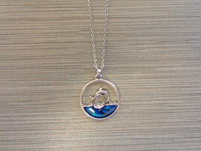 N-8603 - Abalone Dolphin, Whale Tail and Wave Pendant Necklace on Chain 